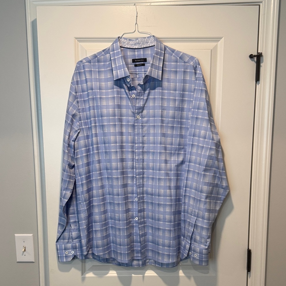 BUGATCHI Men's Light Blue Checkered Shirt